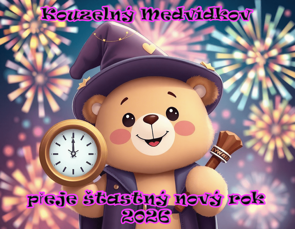Roztomilý medvídek v kouzelném klobouku si přeje šťastný nový rok 2026.