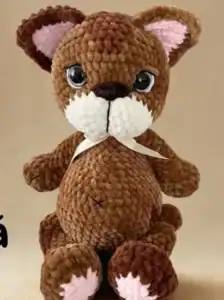 Roztomilý plyšový medvídek s velkými očima a mašlí na krku.